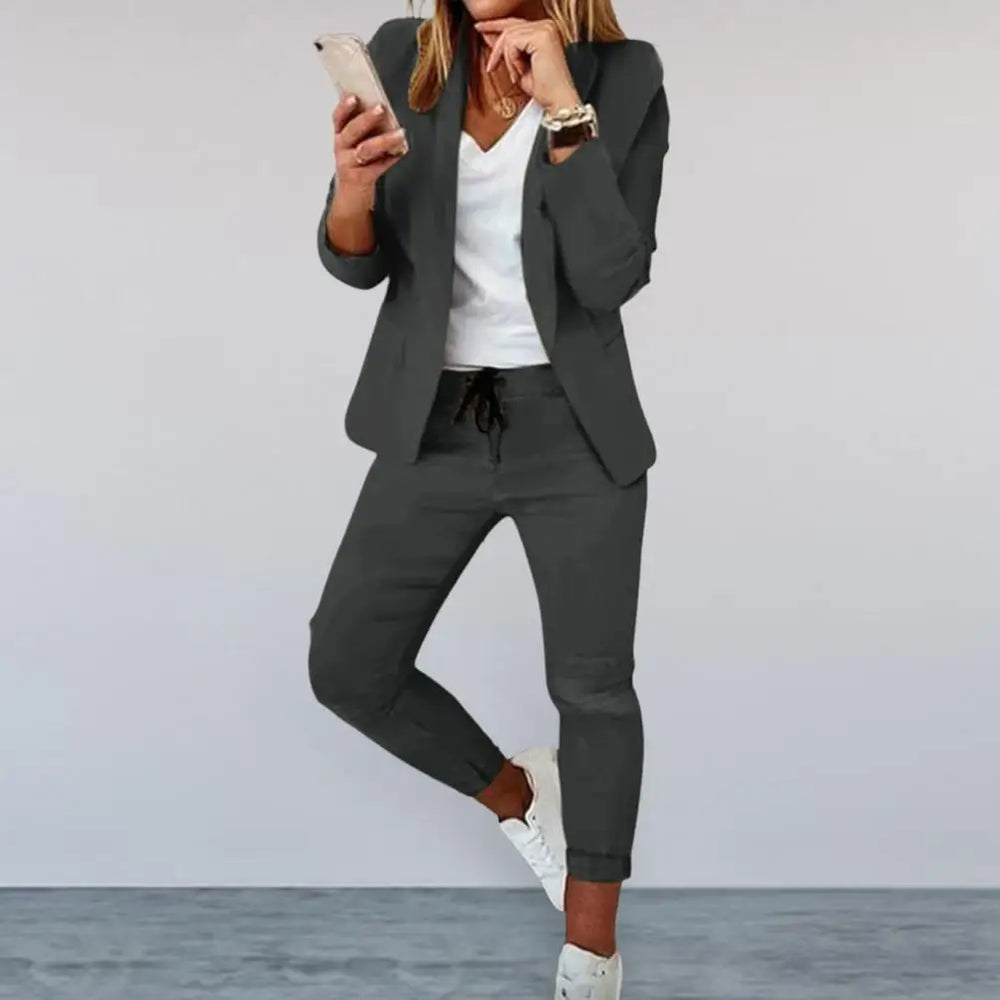 Plaid Splice Slim Fit Jacket Blazer Casual Wide Leg Pants Two Piece