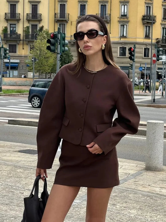 Elegant Mini Skirt Suits Women 2 Pieces Sets Fashion Balloon Buttons