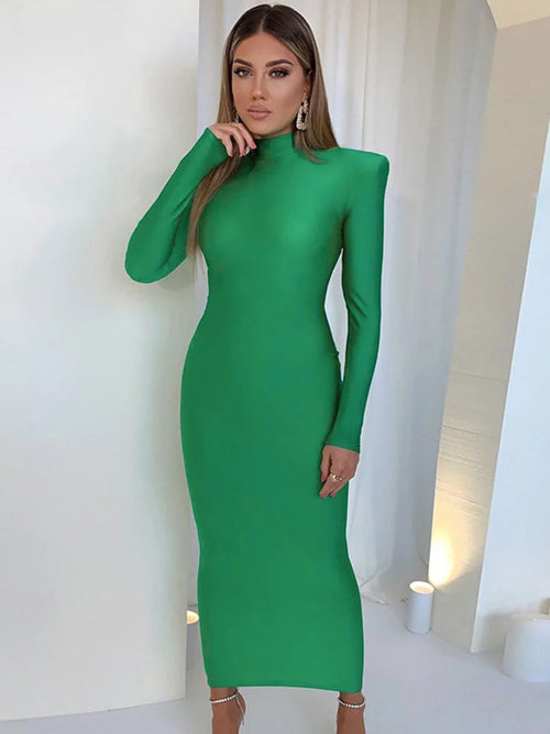 Shoulder Padded Long Sleeve Bodycon Green Party Club Maxi Long Dress