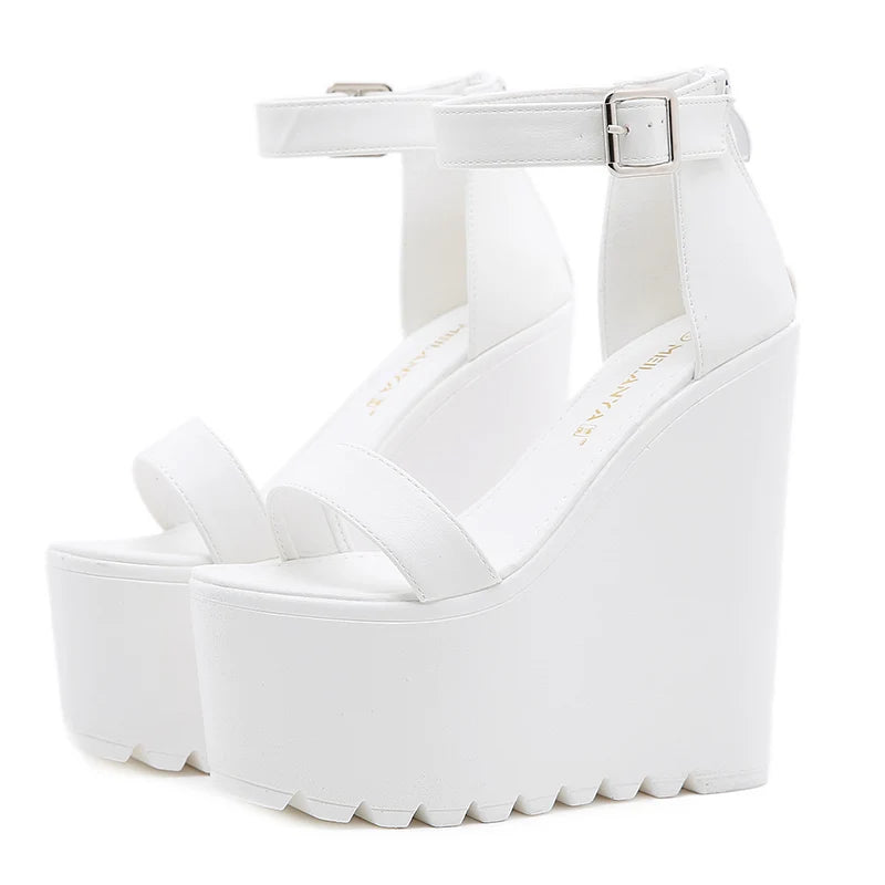 16cm White Wedge Heel New Summer Thick Heel Platform Dance Shoes Sexy T-stage Night Club Super High Heel Women's Sandals