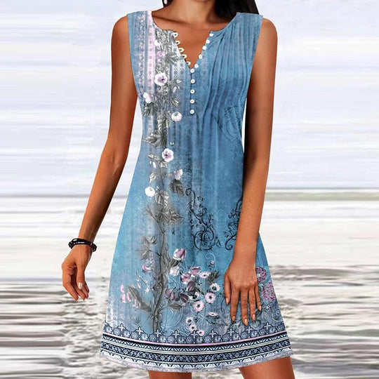 Summer Dress Women Sleeveless Button Dot Print Loose Dress Boho V Neck Casual Beach Holiday Dresses For Women