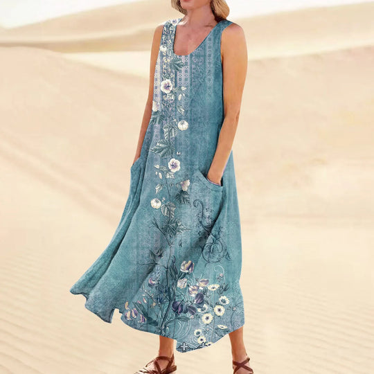 Women's Summer Casual Fashion  Printed Sleeveless Round Neck Pocket Dress