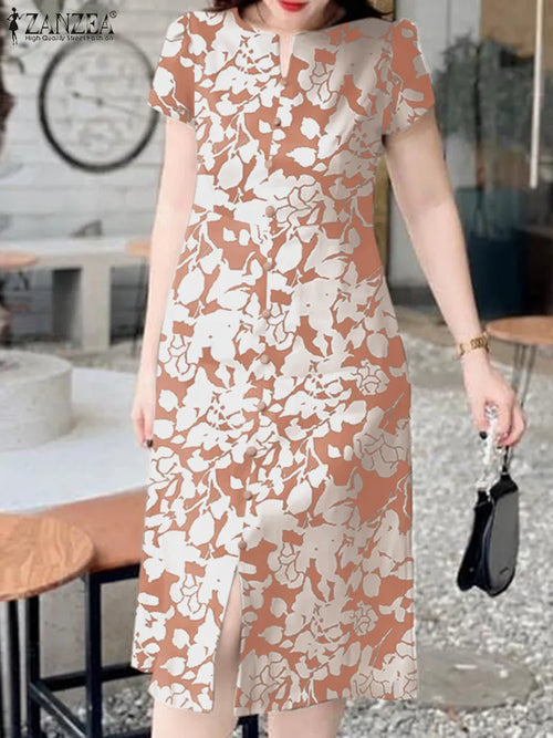 ZANZEA 2024 Summer Women Holiday Midi Dress Fashion Floral Print