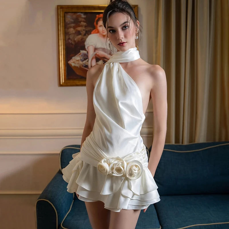 Trendix Flower Patchwork Ruffle Mini Dress Women Sexy Backless Halter