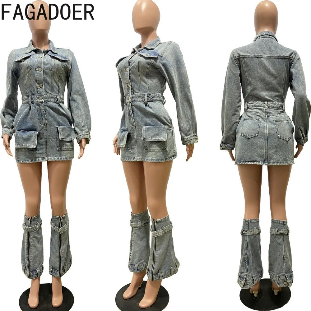 FAGADOER Fashion Button Long Sleeve Denim Mini Dress Women Turndown