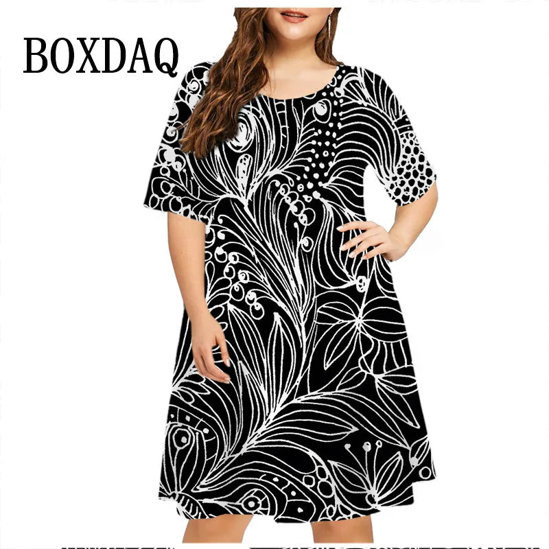 2023 Women Flower Print Dress Summer Loose Plus Size Dress Short Sleeve Casual Vintage Dress Female O-Neck Pullover New Clothes