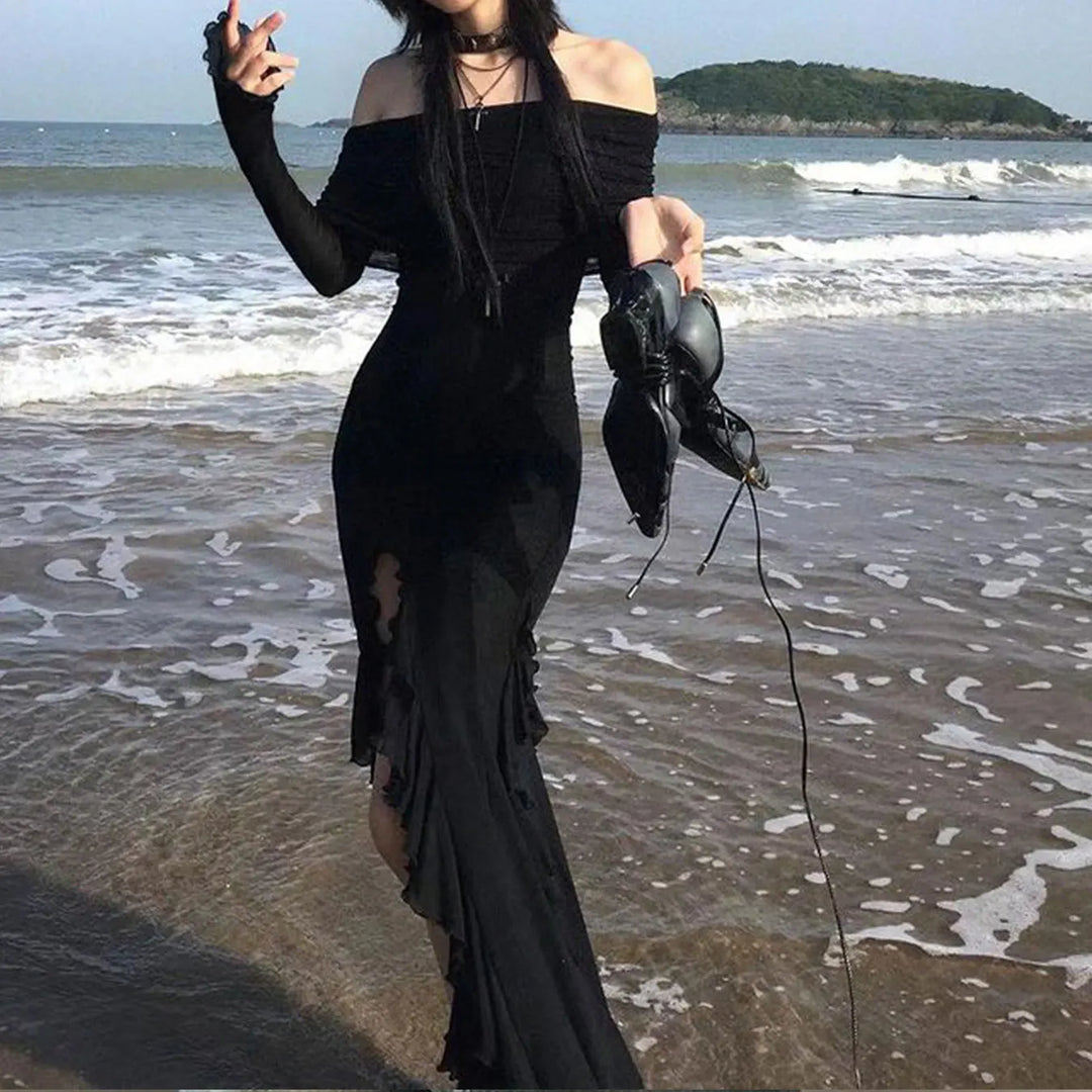 SUCHCUTE Elegant Off Shoulder Ruffles Split Long Dress Black Fashion