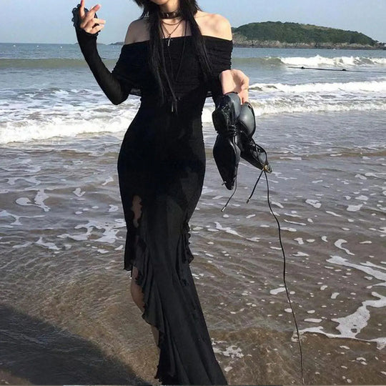 SUCHCUTE Elegant Off Shoulder Ruffles Split Long Dress Black Fashion