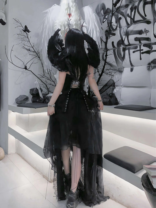 TDH Heavy Industries Handmade Pure Black Gothic Black Strap Drawstring Chest, Bird Cage, Affordable Bundle Body, Skincare Top