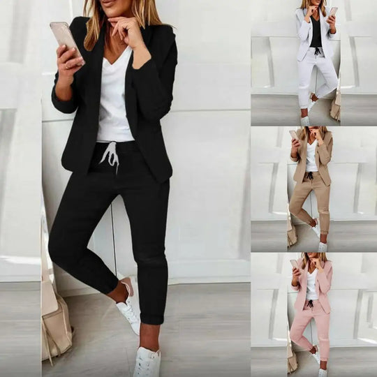 Stylish Suit Set Solid Color Female Open Stitch Blazer Elastic Waist