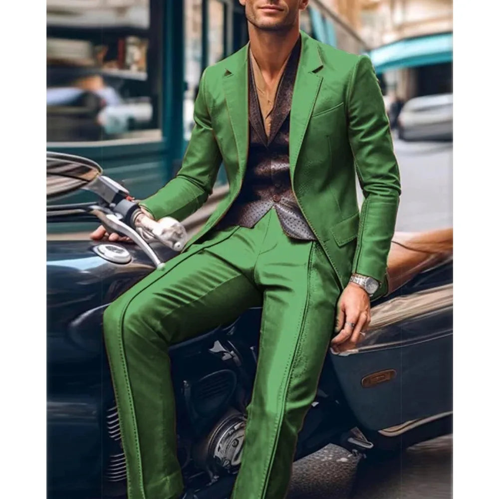 Casual Men's Blazer and Pants 2 Piece Set Lapel Long Sleeve PU Leather Jacket Men Business Casual Prom Suit Motorcycle Style