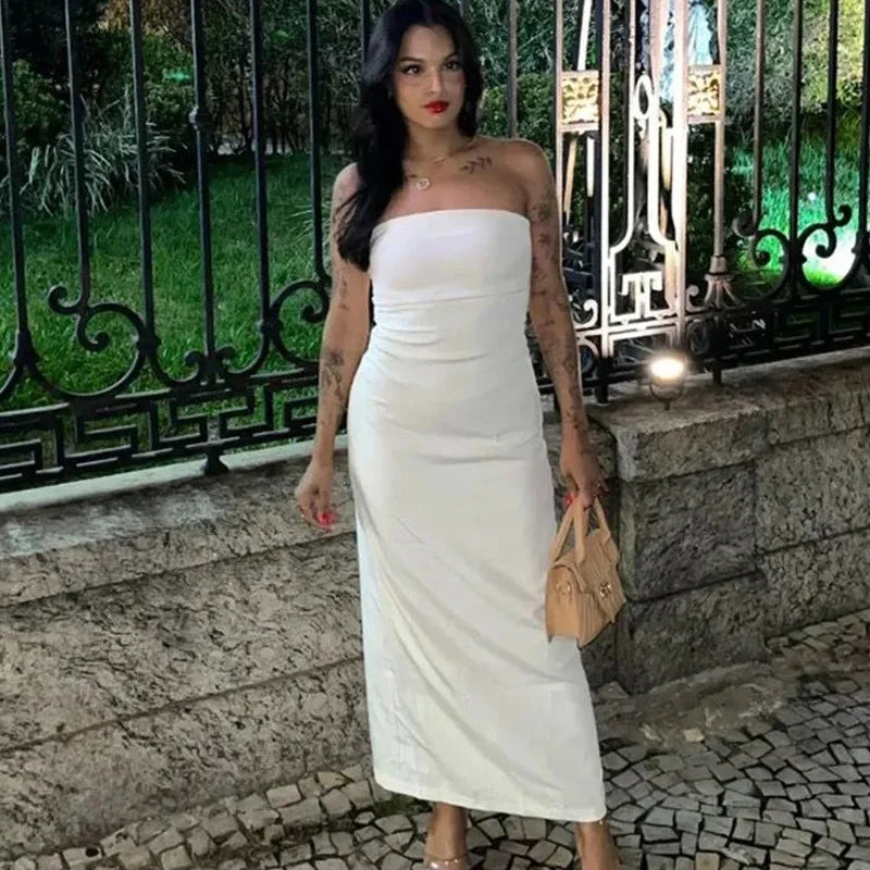 ASDS 2024 off shoulder black white long dress women bodycon beige midi