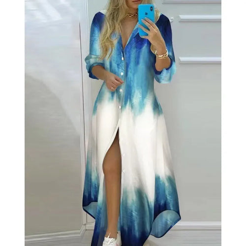 Women Boho Printed Long Shirts Dress Summer Turn-down Collar Long