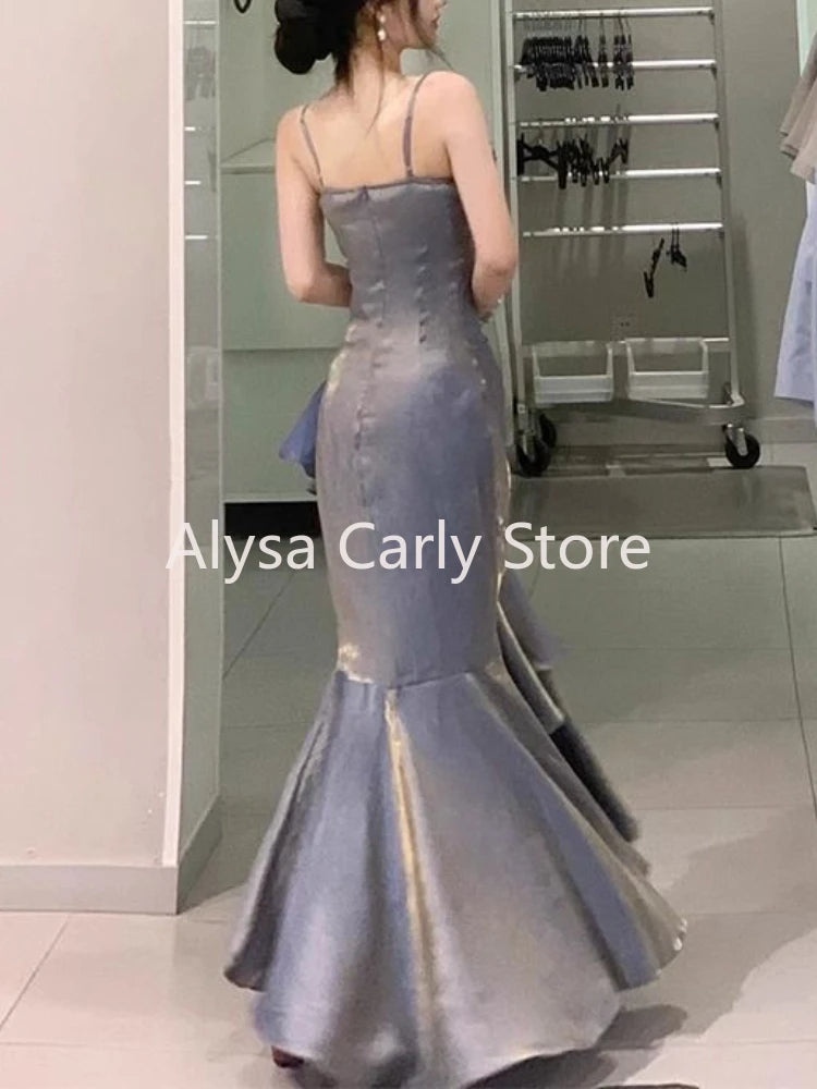 Korean Vintage Velvet Long Dress Women Luxury Slim Mermaid Spaghetti