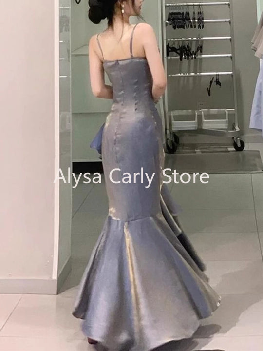 Korean Vintage Velvet Long Dress Women Luxury Slim Mermaid Spaghetti
