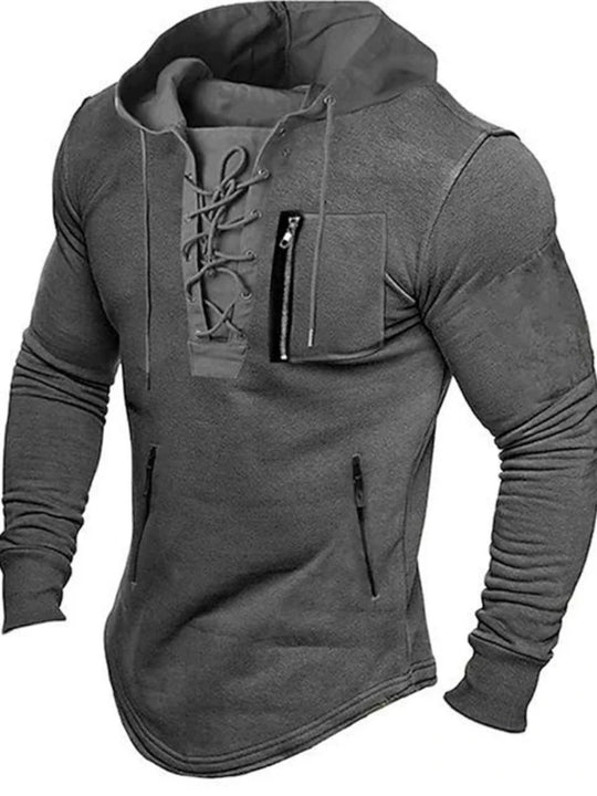 2024 Men Autumn Spring Top Lace Up Drawstring Solid Color Long Sleeve