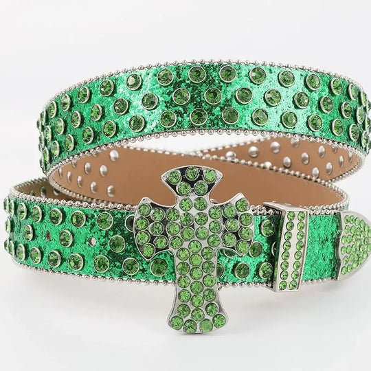 Glittering Rhinestone Belts Y2K Crystal Studded Belts For Men & Women Inspired Ice Belt BB With Cross Big Buckle