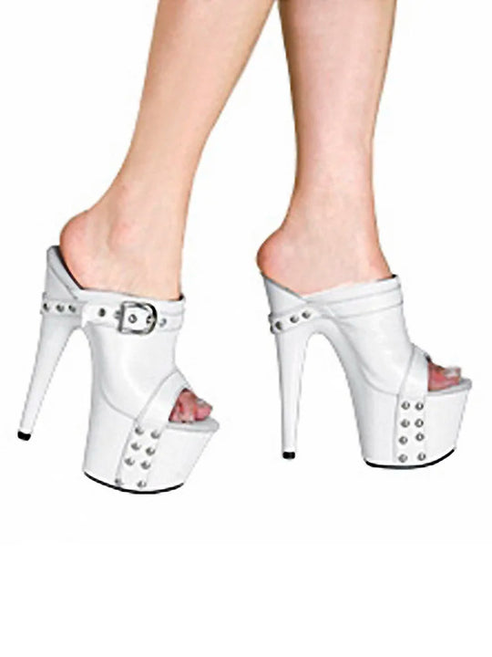 17CM Women's High Heeled Shoes Thick Platform Gothic Shallow Slippers Rivet Big Size Nightclub 7 Inches White Party Buckle Strap