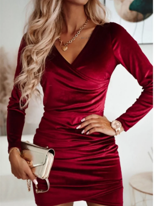 Sexy Red V-Neck Long Sleeve Dress Women's Slim Mini Dresses Elegant