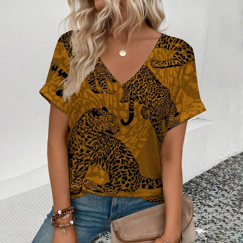 Summer clothing V-neck sexy leopard print T-shirt animal pattern