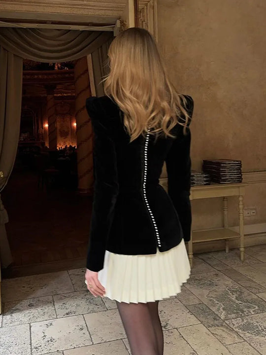 Elegant Solid Color Square Collar Full Sleeve Woman Mini Skirt Set