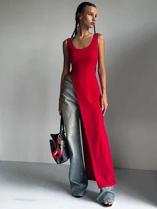 Dulzura 2024 Sexy Sleeveless Side High Split Dress Solid Backless