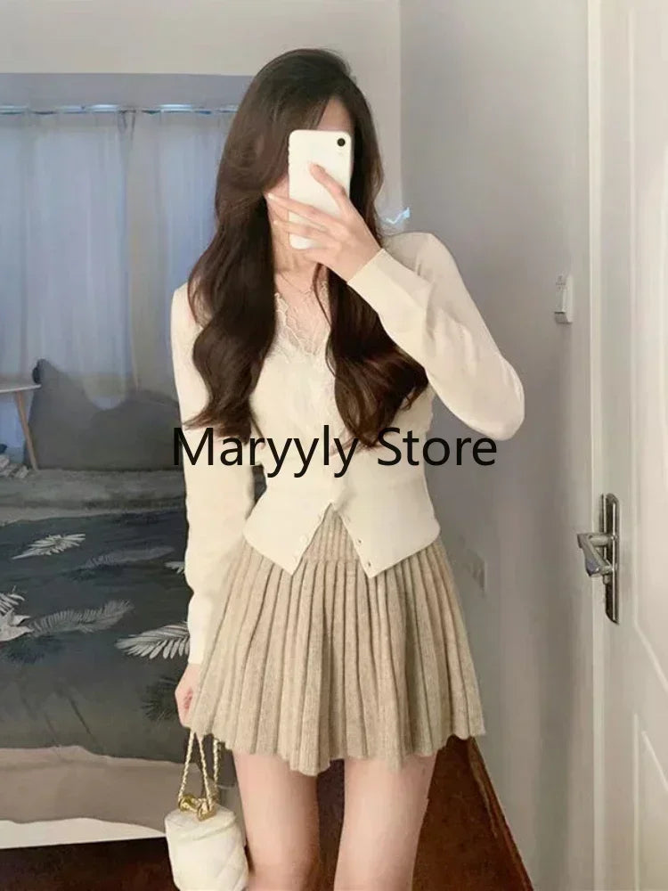 2023 Autumn Women French Long Sleeve Cardigan + High Waist Mini Skirt