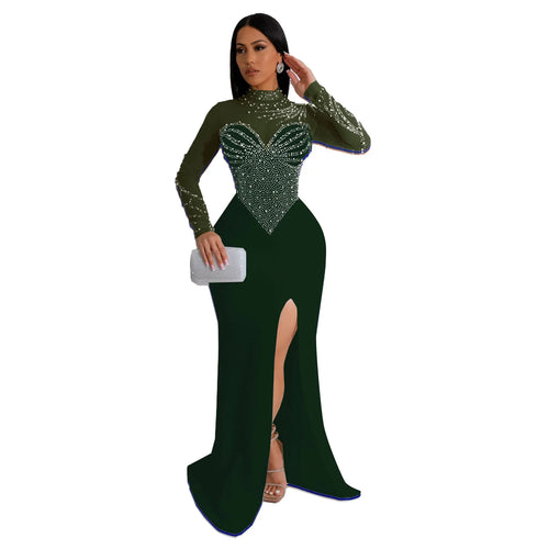 BWQ Women Long Sleeve Diamonds Hot Rhinestones High Side Split Mermaid