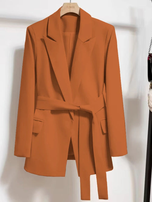 Women's Blazers Spring Autumn Suit Coat Beige Tie Up Jacket Slim Fit