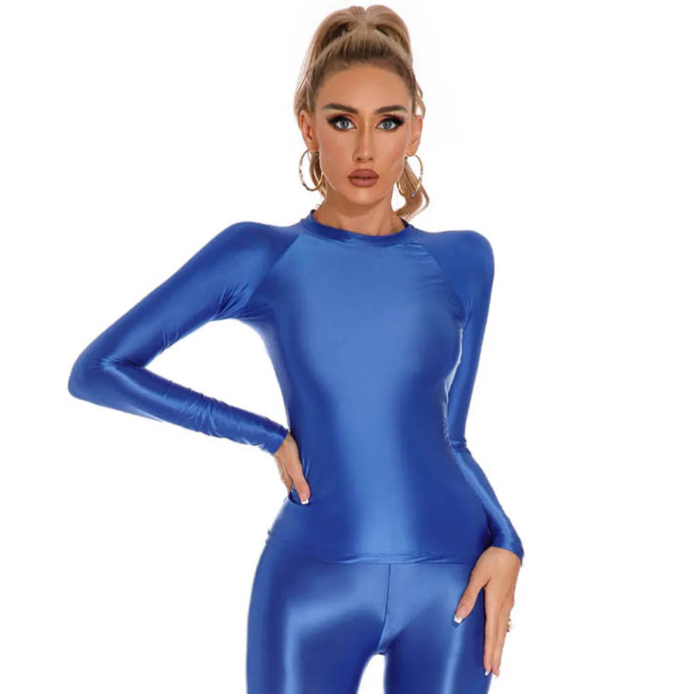Glossy Shiny Elasitc Long Sleeve Shirt Women Fitness Gym Athletic Yoga Tshirt Tights Hot Sexy Tees Casual Crop Tops Bustier Top