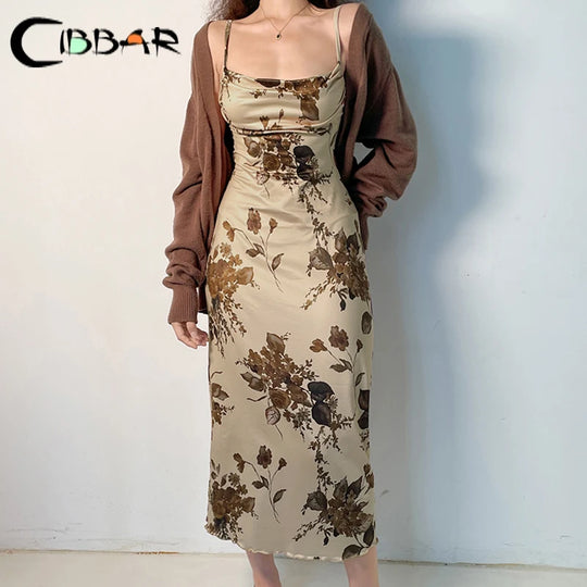 CIBBAR Vintage Strap Dress Retro Floral Print Sleeveless Summer
