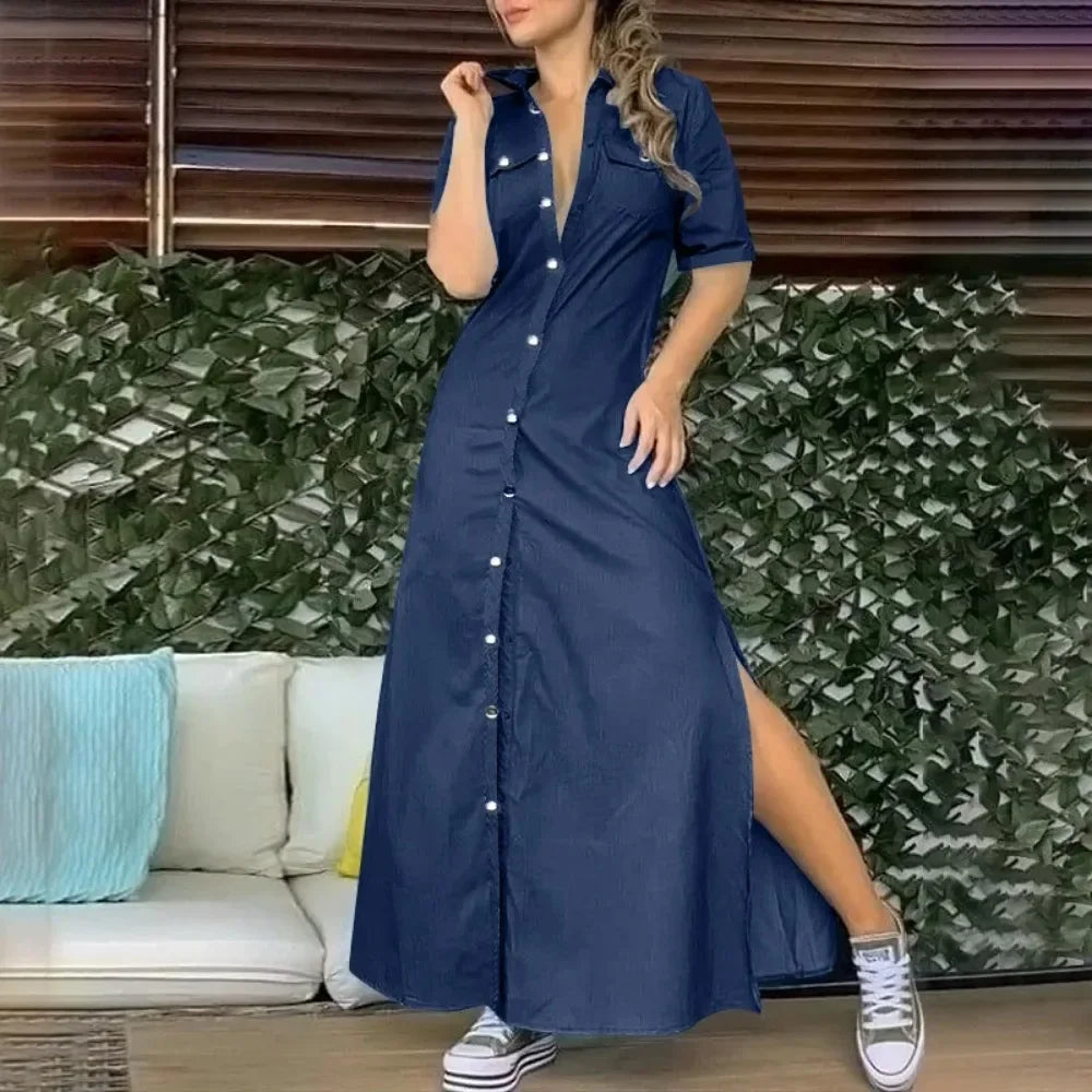 Summer Oversized Women's L-5XL Plus Size Lapel Button Denim Dress Solid Color Oversized Loose Slit Dress Fashion Casual Pocket