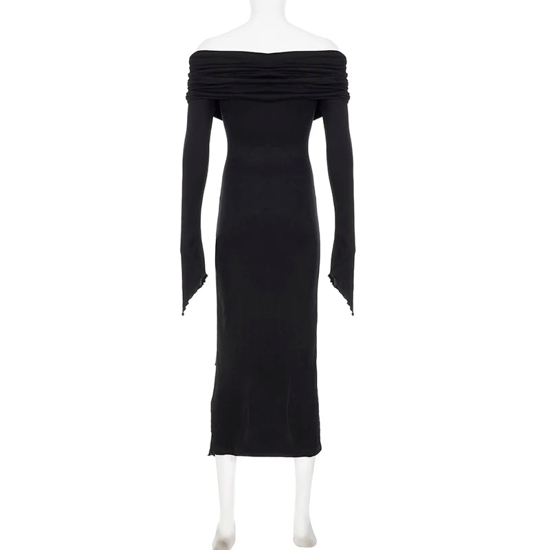 SUCHCUTE Elegant Off Shoulder Ruffles Split Long Dress Black Fashion