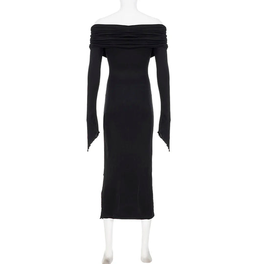 SUCHCUTE Elegant Off Shoulder Ruffles Split Long Dress Black Fashion