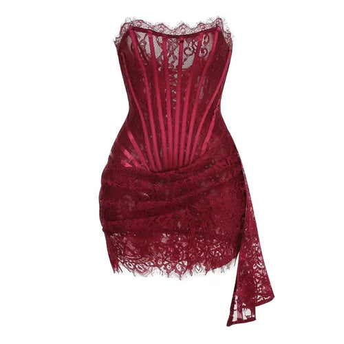 Talenza Women's Sexy Lace Dress Solid Color Sheer Patchwork High Waist