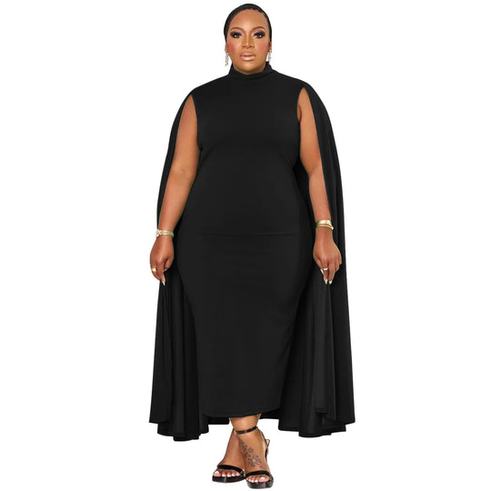 Curvy Women Plus Size Elegant Solid Women Dress Spring Long Cloak Sleeves Bodycon