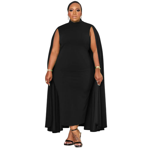 Curvy Women Plus Size Elegant Solid Women Dress Spring Long Cloak Sleeves Bodycon