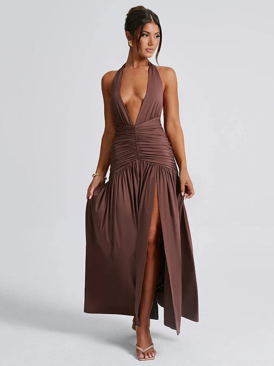 Mozision Halter Deep V Neck Backless Maxi Dress For Women Fashion