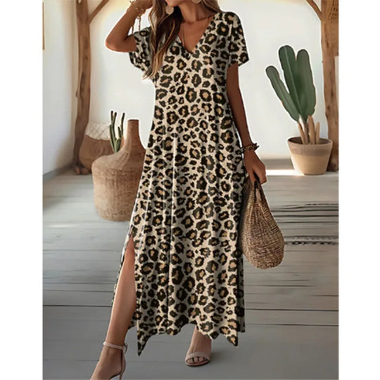 Summer Casual Loose Long Printed V-Neck Short Sleeve Dress for Women