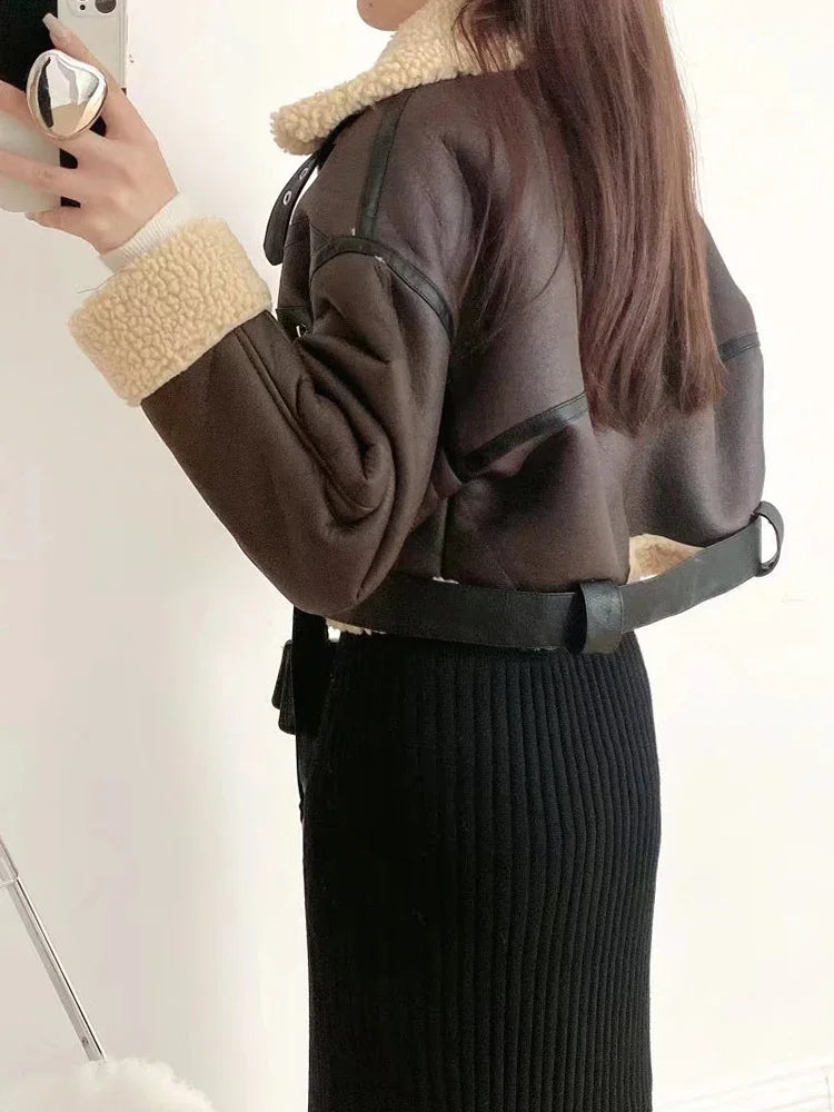 Ailegogo Winter Women Streetwear Faux Lamb Leather Fur Short Jacket