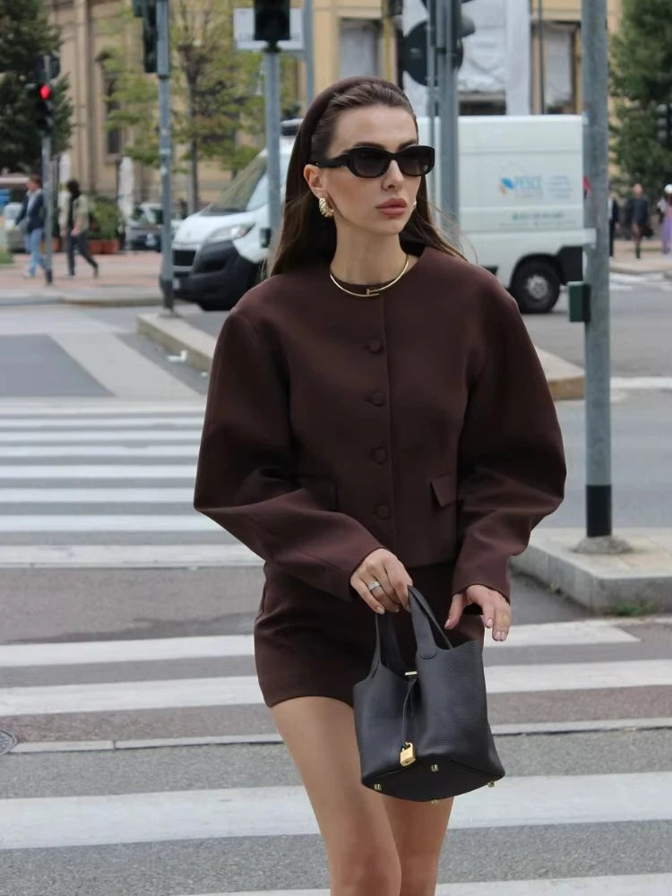 Elegant Mini Skirt Suits Women 2 Pieces Sets Fashion Balloon Buttons