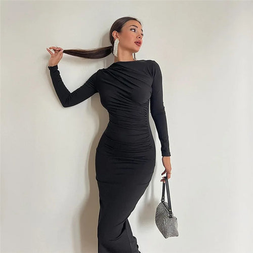 Cryptographic Autumn Elegant Ruched Long Bodycon Dress Fashion Outfits