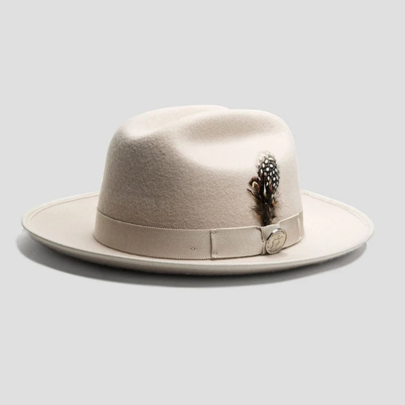 Warm Soft Lightweight Wool Felt Fedora Hat with Feather British Style Autumn Winter Versatile Unisex Adjustable Band