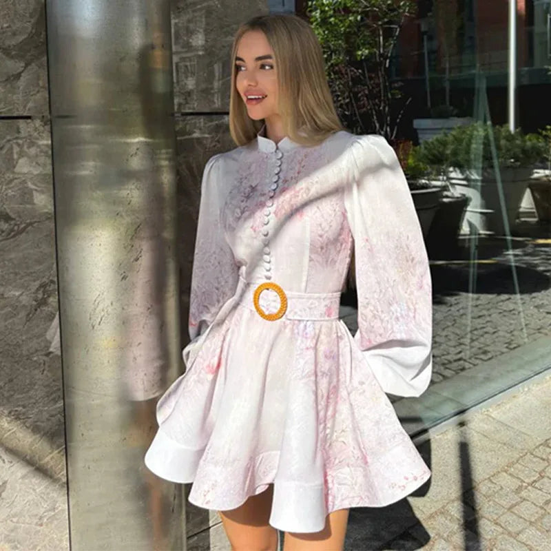 Elegant Women's Printed Dress Long Sleeve O-Neck Button Lady Dresses With Belt Summer Fashion Female Party Short Dress