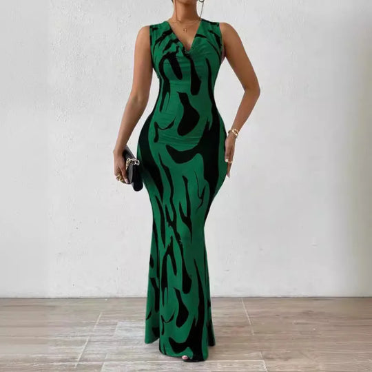 Women Print Dress Sleeveless Splice Slim Fit Long Dresses Midi Waist