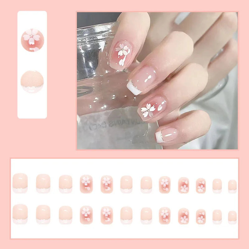 24pcs/set short saure fake nails for Spring summer season french style flowers butterfly design press on false nail art tips