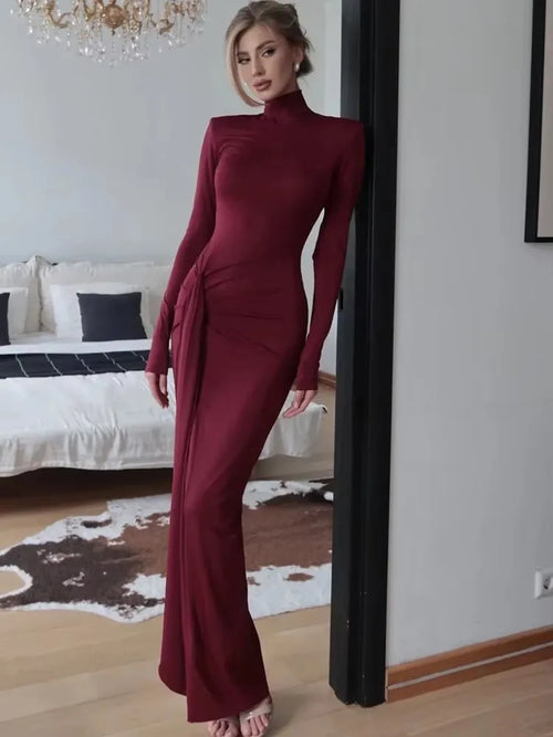 JULISSA MO Sexy High Slit Bandage Women Long Dress Black Turtleneck