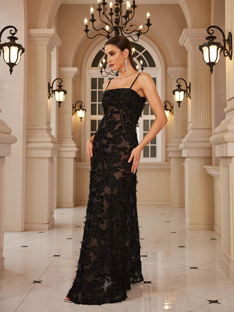 Mingmingxi Formal Occasion Dresses Maxi Black Appliques Dresses For