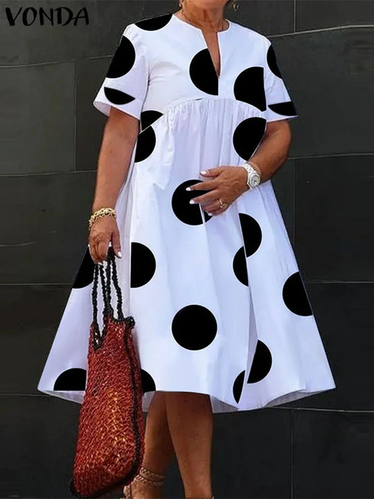 VONDA Plus Size 5XL Women Dress 2024 Summer Bohemian Polka Dot Maxi