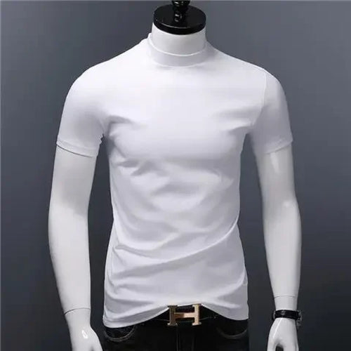 Men's Casual Turtleneck T-Shirts Short Sleeve Solid Slim Fit Silk High